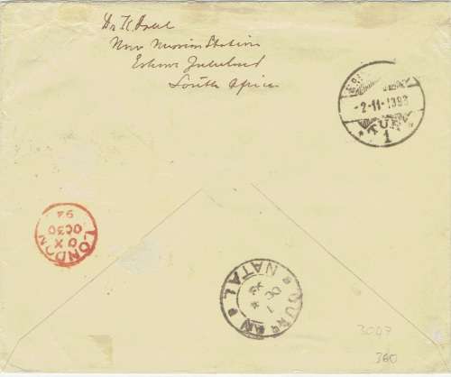 Zululand 1888 QV 2 1/2d on Missionary cover from Eshowe to Kristiana Norway