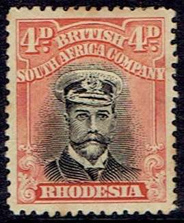 Rhodesia BSAC 1913 KGV Admiral Die IIIB perf 14 4d black and orange-red fine mint odd tone spot