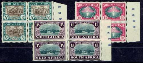 South Africa 1939 Huguenot set of 3 in sheet number blocks of 4 very fine mint