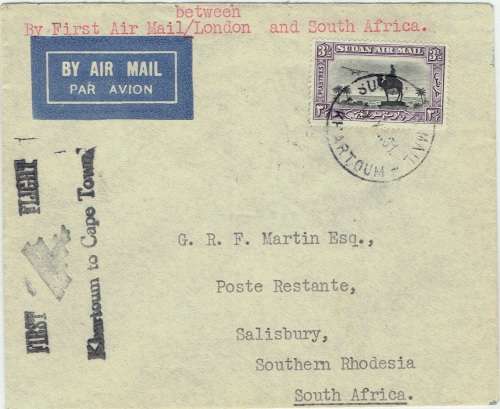 Southern Rhodesia 1931 First Flight cover Khartoum Sudan to Salisbury very fine