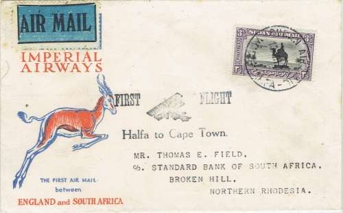 Northern Rhodesia 1931 First Flight cover Wadi Halfa Sudan to Broken Hill very fine