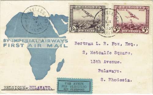 Southern Rhodesia 1931 First Flight cover Brussels Belgium to Bulawayo very fine