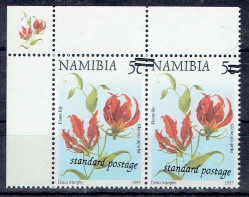 Namibia 2002 Standard Mail on 5c pair with major overprint shift superb unmounted mint
