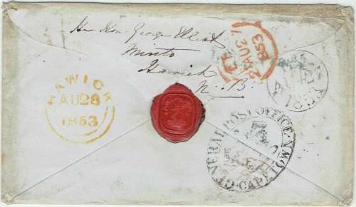 Cape of Good Hope 1853 GPO Cape Town cover to UK with QV 1d red brown applied and redaddressed