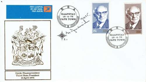 South Africa 1975 President Diederichs first day cover signed and dated, very fine