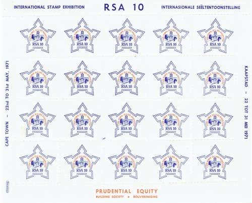 South Africa 1971 RSA 10 special label complete sheet of 20, very fine unused