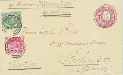 Cape of Good Hope 1907 KEVII 1d embossed envelope with 12d and 1d on Walmer Castle ship to Germany