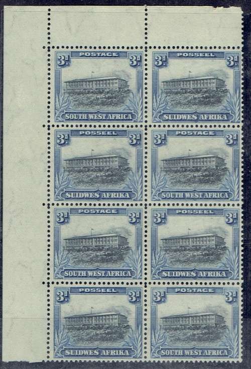 South West Africa 1931 Pictorial 3d corner block of 8 with plate flaw extend flag pole