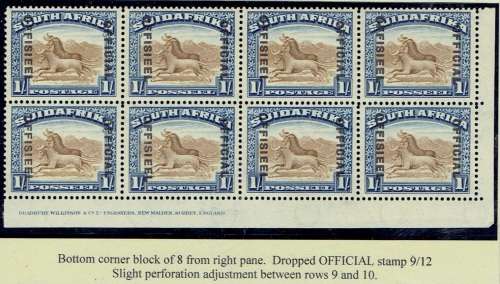 South Africa Officials 1931 London 1s block impint block of 8 with dropped  Official variety