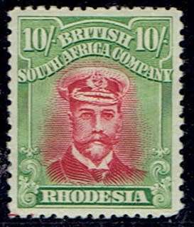 Rhodesia BSAC 1922 KGV Admiral Die IIIB white paper perf 14 10s crimson & brit yell-grn - print mark