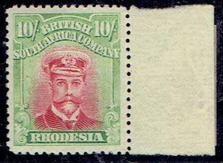 Rhodesia BSAC 1922 KGV Admiral Die IIIB white paper perf 14 10s carm & yell-grn with collar flaw