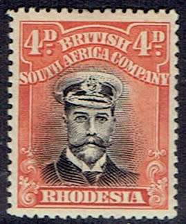 Rhodesia BSAC 1922 KGV Admiral perf 15 4d black and orange-vermillion very fine mint
