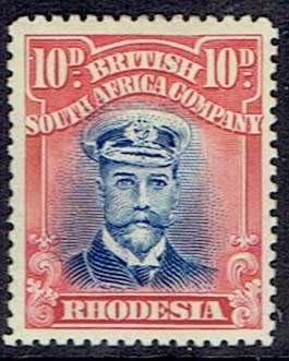 Rhodesia BSAC 1922 KGV Admiral perf 15 10d bright ultramarine and carmine red very fine mint