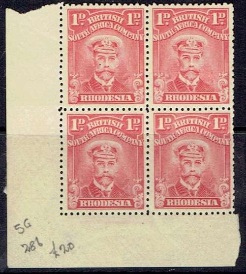 Rhodesia BSAC 1922 KGV Admiral perf 14 1d analine red corner block of 4 very fine unmounted mint