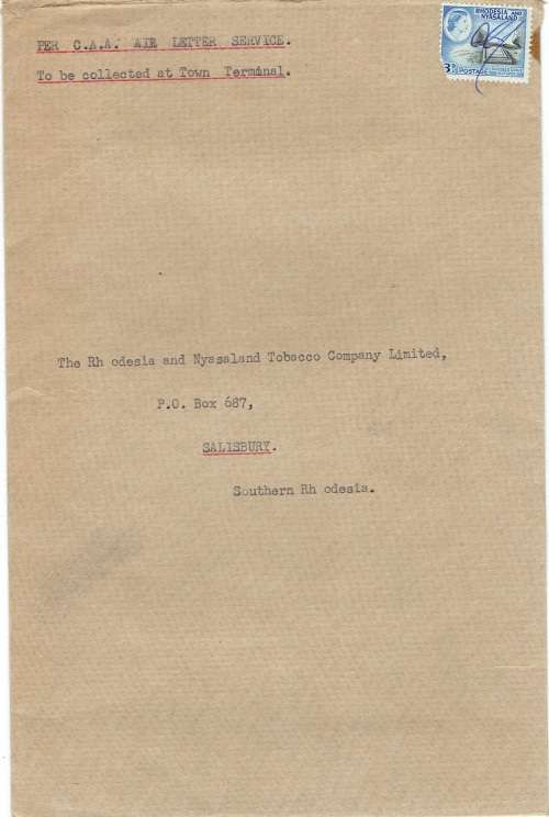 Rhodesia and Nyasaland 1959 CAA cover with QEII 3d pen cancelled and CAA 6d label