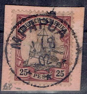 German East Africa 1901 Yacht No watermark 25Pfg on piece with Mpapua cancel fine used