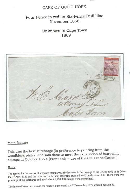Cape of Good Hope 1870 4d on 6d on front to Cape Town fine