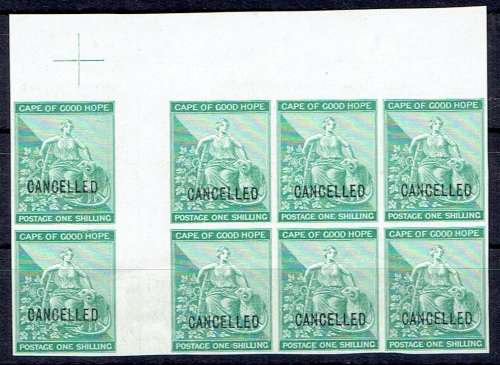 Cape of Good Hope 1872 1s imperforate proof gutter block overprinted CANCELLED very fine