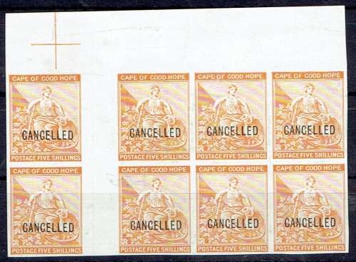 Cape of Good Hope 1872 5s imperforate proof gutter block overprinted CANCELLED very fine