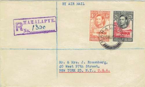 Bechuanaland 1950 20 My KGVI 2s6d and 4d on registered airmail Mahalapye cover to USA