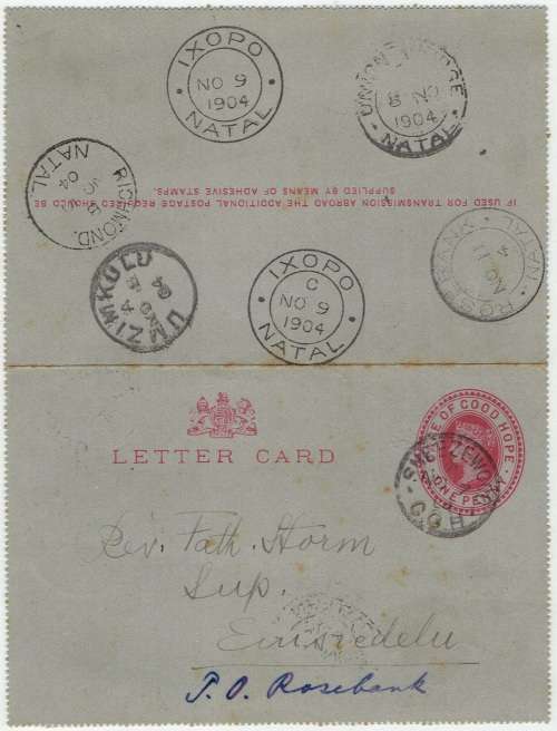 Cape of Good Hope 1904 QV 1d letter card used Sneezewood to Rosebank Natal