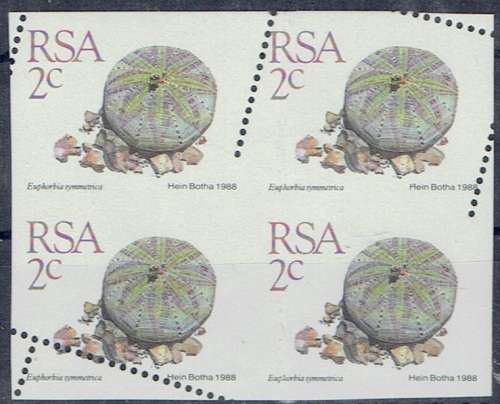 South Africa 1988 Succulent Definitive 2c imperforate marginal block with part diagonal perforations