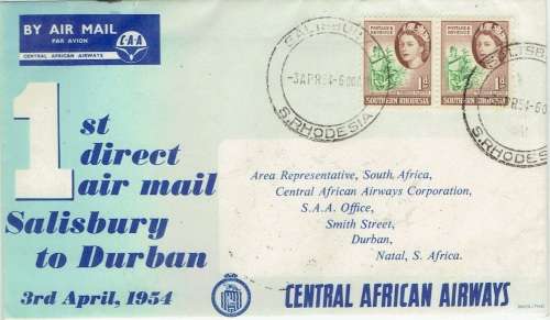 Southern Rhodesia 1954 CAA special 1st flight cover from Salisbury to Durban very fine