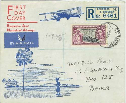 Southern Rhodesia 1937 RNA flight cover from Salisbury to Beira very fine