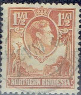 Northern Rhodesia 1938 KGVI 1 1/2d yellow-brown with tickbird flaw fine used