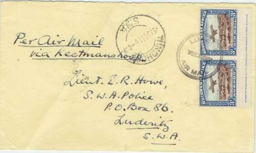 South West Africa 1931 Windhoek to Luderitz via Keetmanshoop flight cover with 3d imprint pair