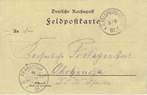 South West Africa 1904 Herero War Feldpostkarte with KDF Feloststation Nr1  Orutziewa to Okahandja
