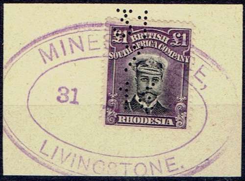 Rhodesia BSAC 1913 KGV Admiral DIE II perf 14 £1 balck and violet fiscally very fine used