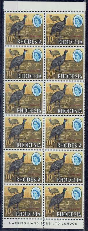 Rhodesia 1966 Harrison 10s imprint block 12 with vertical black ink flaw from margin thro left vert