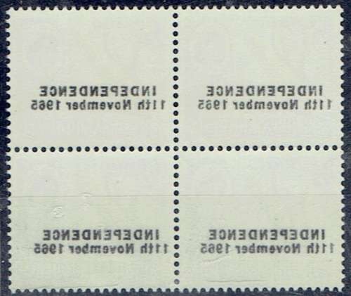 Rhodesia 1966 Independence oveprinted 1d block of 4 with overprint offset of back
