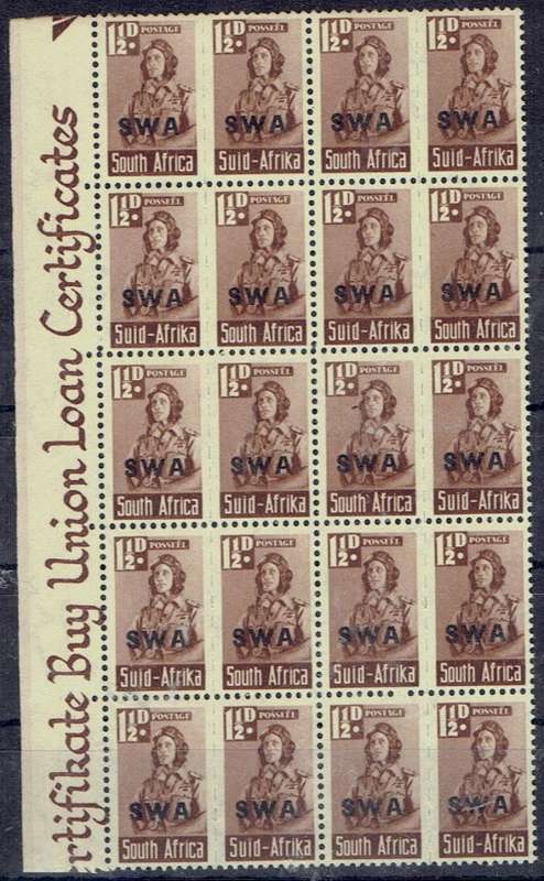 South West Africa 1943 Small war 1 1/2d block of 10 pairs with earflap flaw very fine unmounted mint