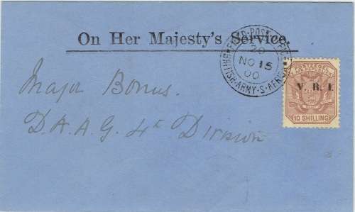Anglo Boer War 1900 Transvaal VRI 10s used on OHMS cover with FPO BSA 20