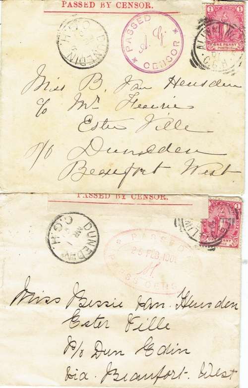 Anglo Boer War 1901 Aliwal North to Dunedin 2x censored covers each with different censor cachet