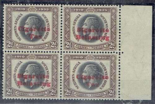 South West Africa Revenues KGV Silver Jubilee 2d marginal block of 4 with Cigarette Tax overprint