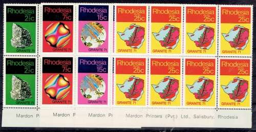 Rhodesia 1971 Granite set of 4 in imprints blocks of 8 very fine unmounted