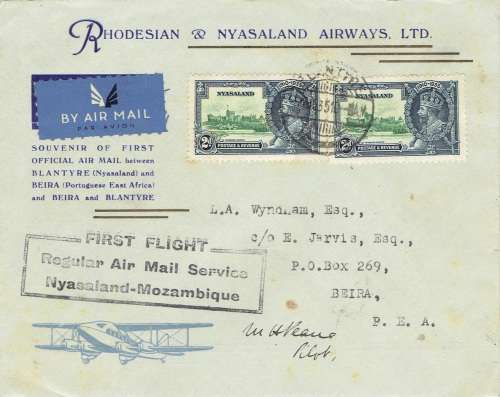 Nyasaland 1935 KGV Silver Jubilee 2d x2 on RandN Airways flight Blantyre to Beira PEA