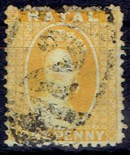 Natal 1869 QV 1d yellow Postal Fiscal fine used with BONC 2 cancel