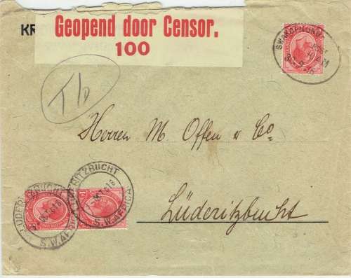 South West Africa SA Occupation 1916 KGV 1d on censored Swakopmund cover with 2x KGV 1d as pdues