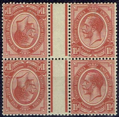 South Africa 1913 KGV 1 1/2d interpanneau gutter tete beche block of 4 very fine unmounted mint