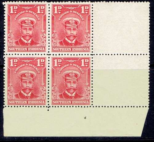 Southern Rhodesia 1924/29 KGV 1d bottom right gutter corner blk 4 very fine unmounted