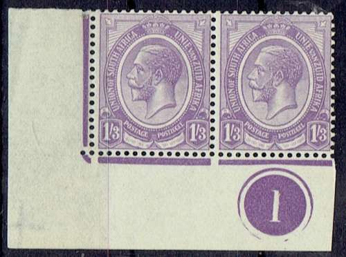 South Africa 1913 KGV 1s3d plate block 1 bottom left  pair very fine mint