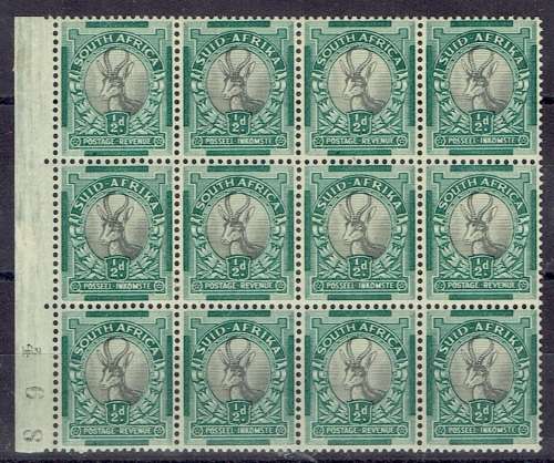 South Africa 1933/48 Hyphenated 1/2d ex coil left marginal block of 12 very fine unmounted mint