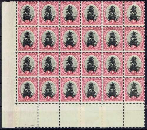 South Africa 1930/31 Roto 1d bott0m left block of 24 with shifted centres to bottom left