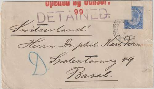 South Africa 1918 KGV 2 1/2d on censored cover to Swiztzerland with `DETAINED` cachet