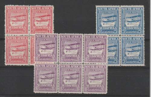 South Africa 1925 Airmails 1d, 3d and 6d in blocks of 4 or 6 very fine unmounted mint