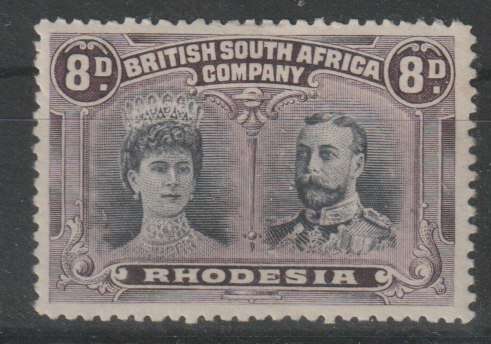 Rhodesia BSAC 1910 KGV Double Head perf 13 1/2, 8d black and purple very fine mint